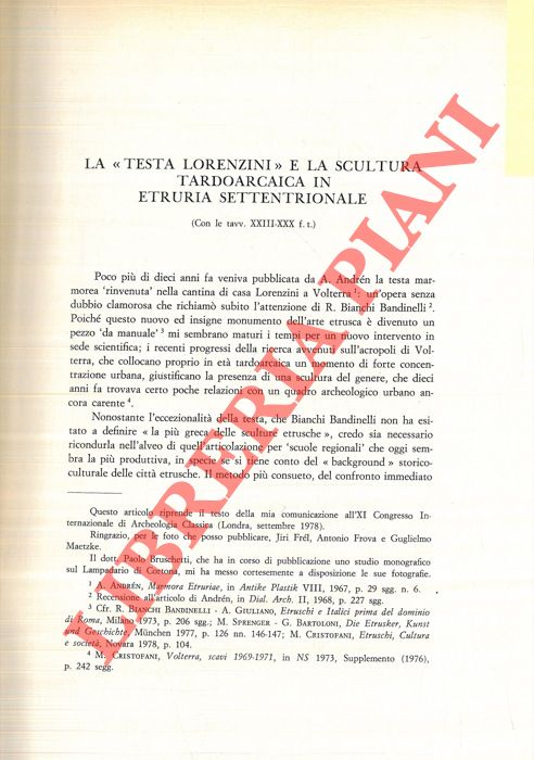 CRISTOFANI Mauro - - La 'Testa Lorenzini' e la scultura tardoarcaica in Etruria Settentrionale.