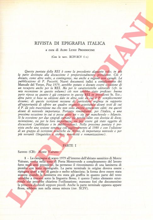 (PROSDOCIMI Aldo Luigi) - - Rivista di epigrafia italica.