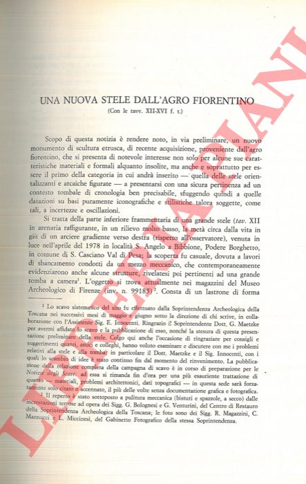 DE MARINIS Giuliano - - Una nuova stele dell'Agro Fiorentino.