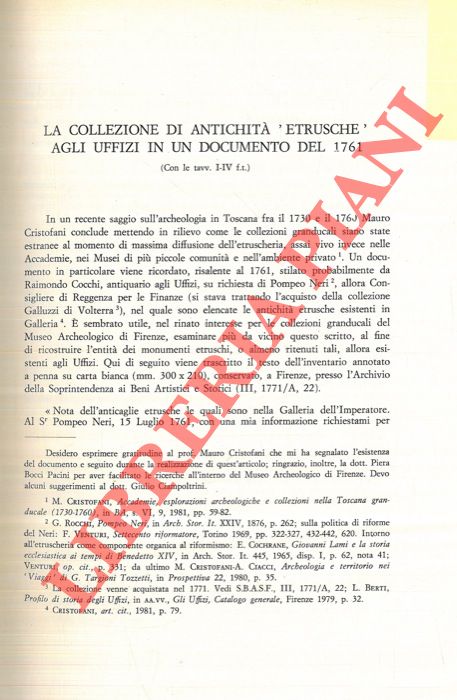 DELLA FINA Giuseppe Maria - - La collezione di antichit 'etrusch' agli Uffizi in un documento del 1761.