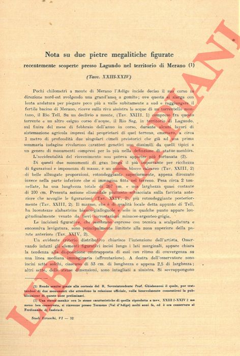 LAVIOSA ZAMBOTTI P. - - Nota su due pietre megalitiche figurate, recentemente scoperte presso Lagundo nel territorio di Merano.