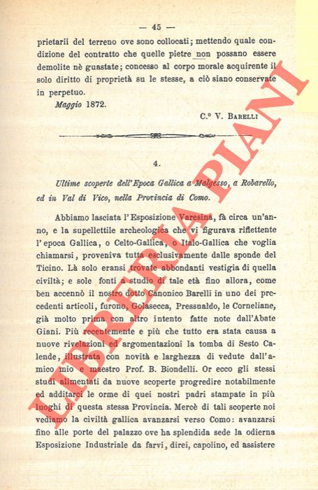 GAROVAGLIO A. - - Ultime scoperte dell'Epoca Gallica a Malgesso, a Robarello, ed in Val di Vico, nella Provincia di Como.