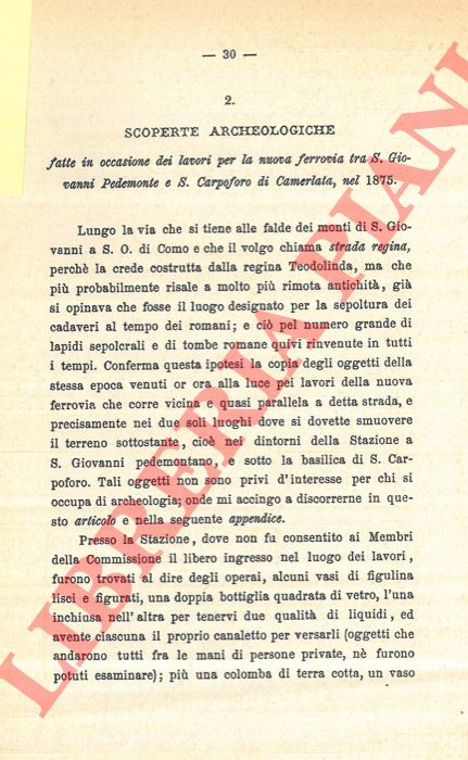 BARELLI C. V. - - Scoperte archeologiche fatte in occasione dei lavori per la nuova ferrovia tra S. Giovanni in Pedemonte e S. Carpoforo in Camerlata, nel 1875.