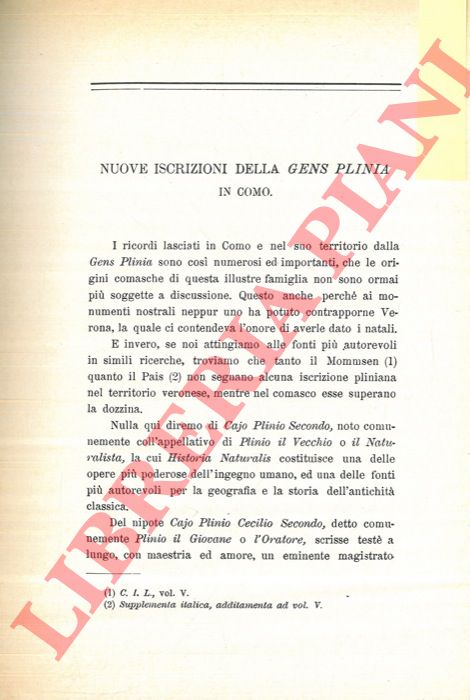 GIUSSANI A. - - Nuove iscrizioni della 'gens Plinia' in Como.