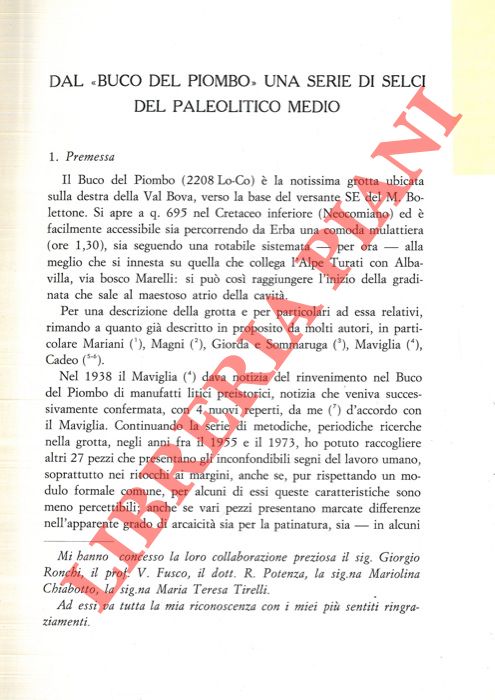 DE MINERBI Leonardo - - Dal 'Buco del Piombo' una serie di selci del Paleolitico medio.