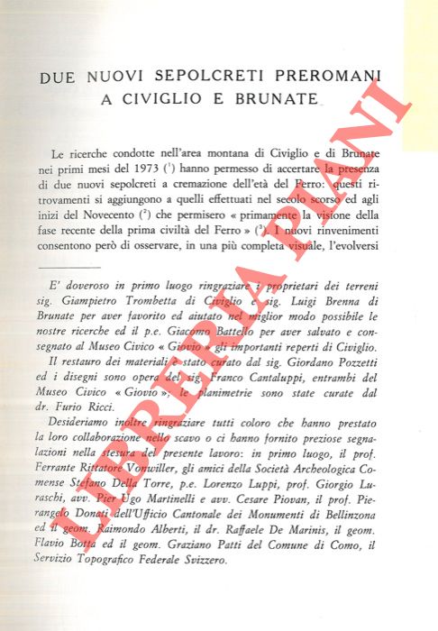 FRIGERIO Giancarlo - - Due nuovi sepolcreti preromani a Civiglio e Brunate.