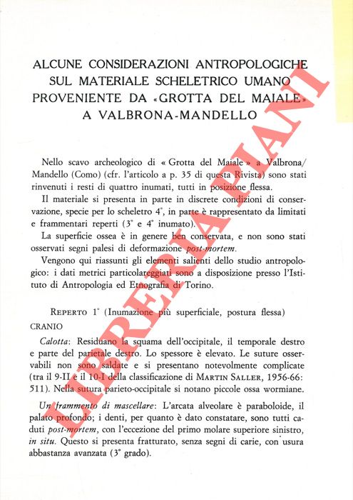 GARETTO T. Doro - GIANETTI G. - - Alcune considerazioni antropologiche sul materiale scheletrico umano proveniente da 'Grotta del Maiale' a Valbrona - Mandello.