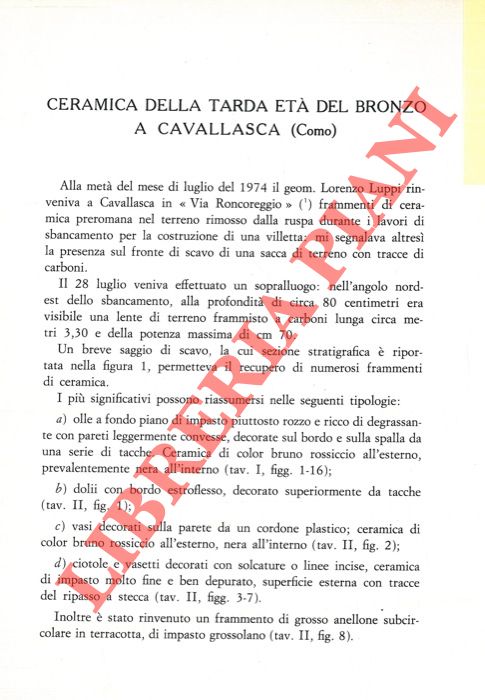 FRIGERIO Giancarlo - - Ceramica della tarda Et del Bronzo a Cavallasca (Como) .