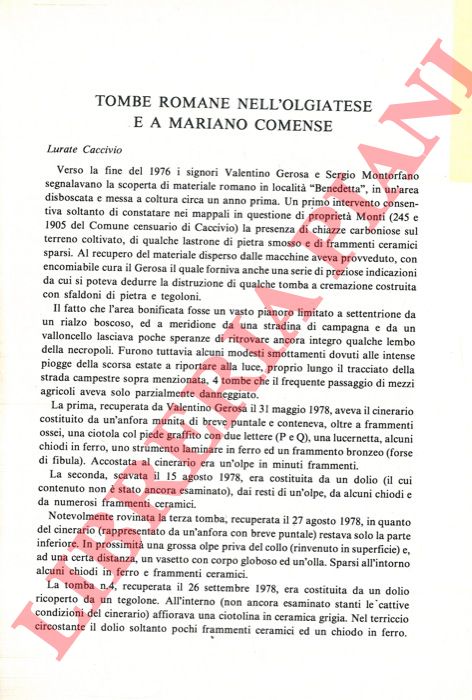 PIOVAN Cesare - - Tombe romane nell'Olgiatese e a Mariano Comense.