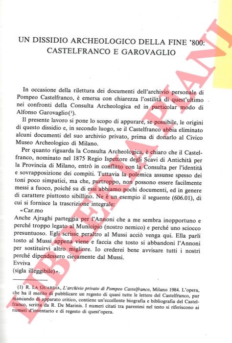 TIZZONI Marco - - Un dissidio archeologico della fine '800: Castelfranco e Garovaglio.