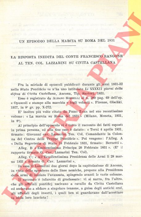 CANTONI Fulvio - - Un episodio della Marcia su Roma del 1831. La risposta inedita del Conte Francesco Rangone al Ten. Col. Lazzariini su Civita Castellana.