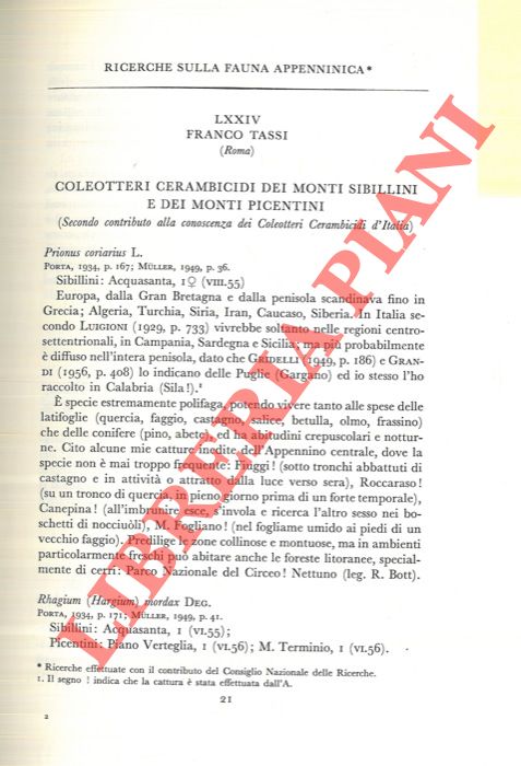TASSI Franco - - Ricerche sulla fauna appenninica. Coleotteri Cerambicidi dei Monti Sibillini e dei Monti Picentini.