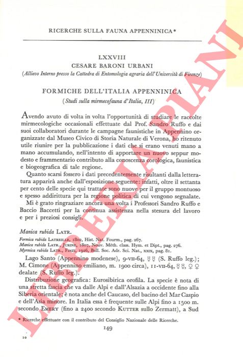 BARONI URBANI Cesare - - Ricerche sulla fauna appenninica. Formiche dell'Italia appenninica.