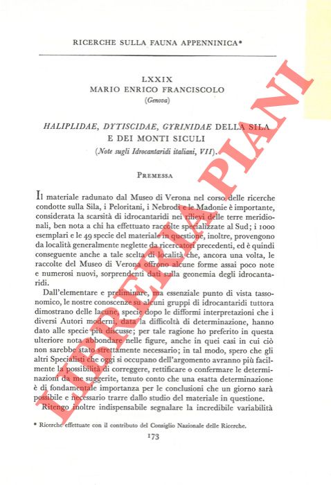 FRANCISCOLO Mario Enrico - - Ricerche sulla fauna appenninica. Haliplidae, Dytiscidae, Gyrinidae della Sila e dei Monti Siculi.