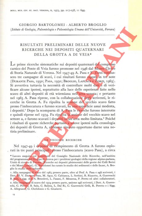 BARTOLOMEI G. - BROGLIO A. - - Risultati preliminari delle nuove ricerche nei depositi quaternari della Grotta A di Veia.