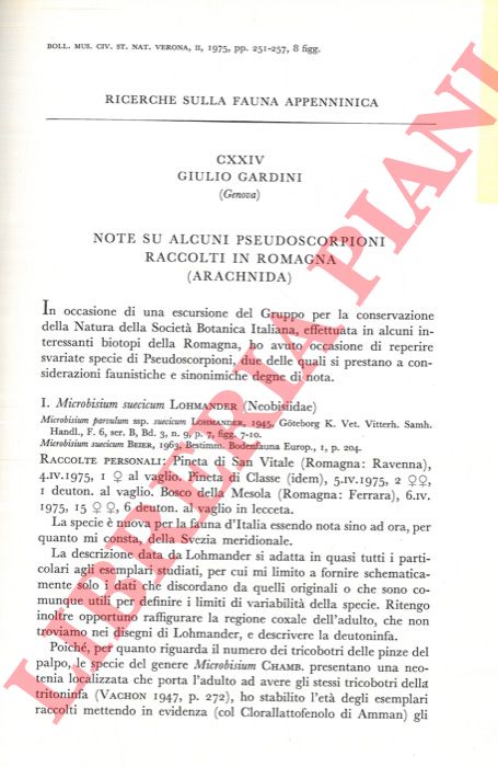 GARDINI Giulio - - Ricerche sulla fauna appenninica. Note su alcuni pseudoscorpioni raccolti in Romagna (Arachnida) .