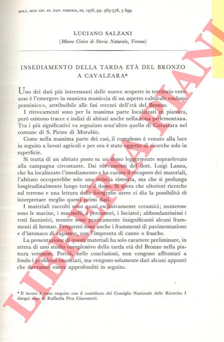 SALZANI Luciano - - Insediamento della tarda Et del Bronzo a Cavalzara.