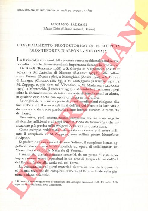 SALZANI Luciano - - L'insediamento protostorico di M. Zoppega (Monteforte d'Alpone - Verona) .