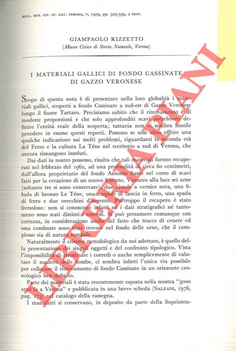 RIZZETTO Giampaolo - - I materiali gallici di fondo Cassinate di Gazzo Veronese.