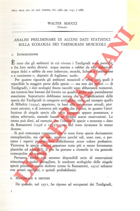 MAUCCI Walter - - Analisi preliminare di alcuni dati statistici sulla ecologia dei Tardigradi muscicoli.