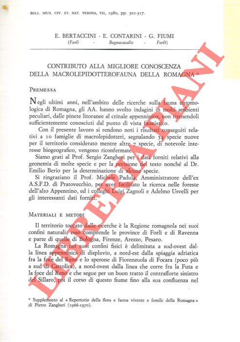 BERTACCINI E. - CONTARINI E. - FIUMI G. - - Contributo alla migliore conoscenza della microlepidotterofauna della Romagna.
