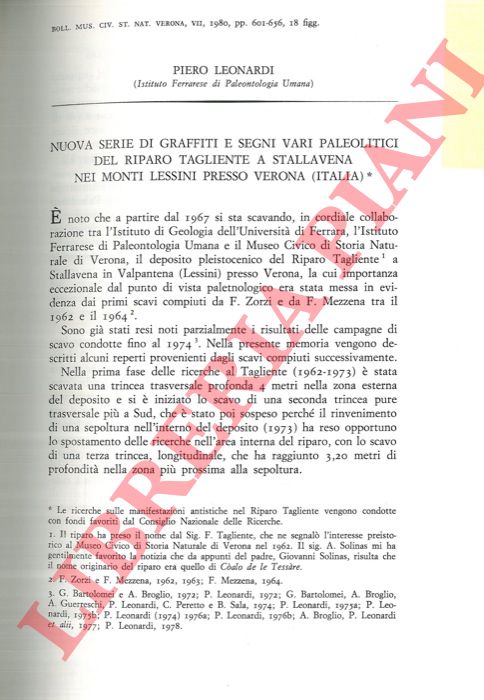 LEONARDI Piero - - Nuova serie di graffiti e segni vari paleolitici del Riparo Tagliente a Stallavena nei Monti Lessini preso Verona (Italia) .