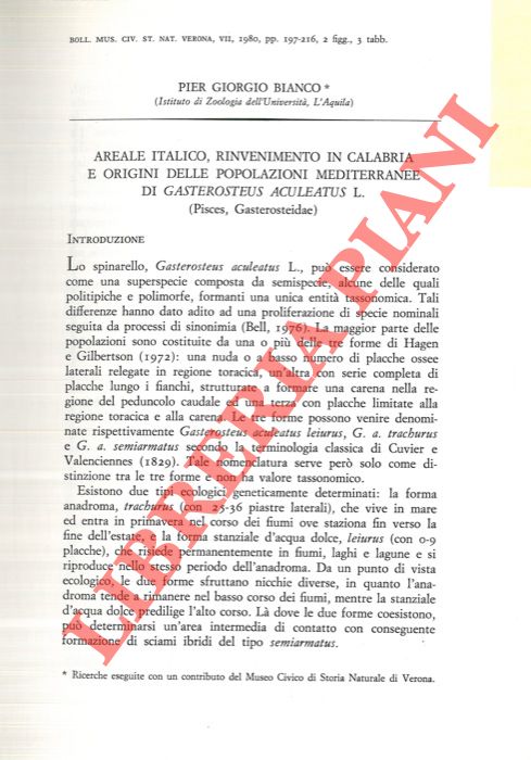 BIANCO Pier Giorgio - - Areale italico, rinvenimento in Calabria e origini delle popolazioni mediterranee di Gasterosteus aculeatus L. (Pisces, Gasterosteidae) .