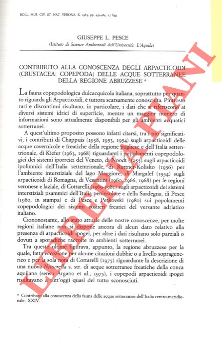 PESCE Giuseppe L. - - Contributo alla conoscenza degli Arpacticoidi (Crustacea, Copepoda) delle acque sotterranee della regione abruzzese.