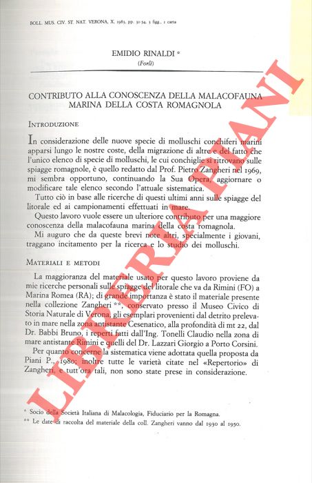 RINALDI Emidio - - Contributo alla conoscenza della malacofauna marina della costa romagnola.