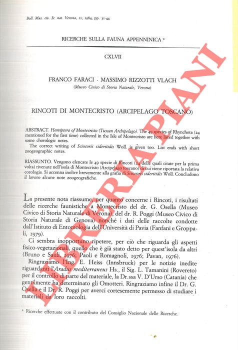FARACI Franco - RIZZOTTI VLACH Massimo - - Rincoti di Montecristo (Arcipelago Toscano) .