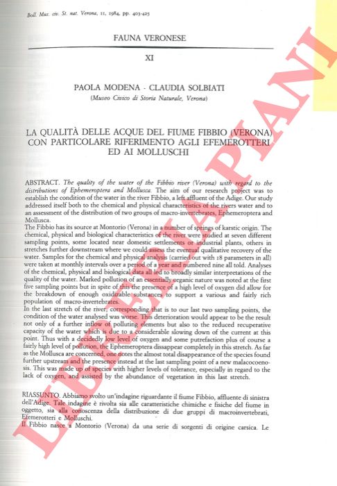 MODENA Paola - SOLBIATI Claudia - - La qualit delle acque del fiume Fibbio (Verona) con particolare rifermento agli Efemerotteri ed ai Molluschi.