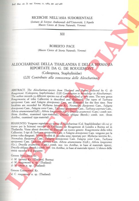 PACE Roberto - - Aleocharinae della Thailandia e della Birmania riportate da G. De Rougemont (Coleoptera, Staphylinidae) .