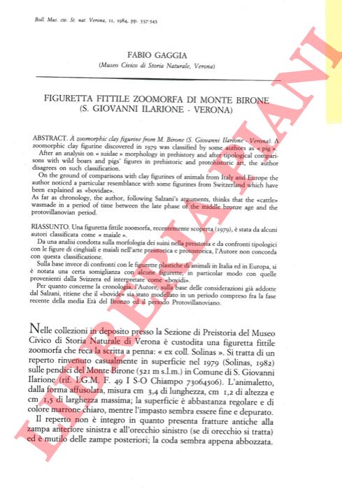 GAGGIA Fabio - - Figuretta fittile zoomorfa di Monte Birone (S. Giovanni Ilarione - Verona) .