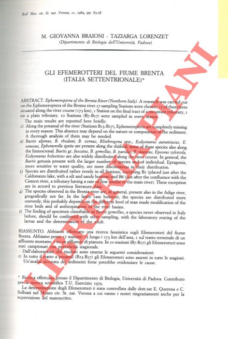 BRAIONI M. Giovanna - LORENZET Taziarga - - Gli Efemerotteri del fiume Brenta (Italia Settentrionale) .