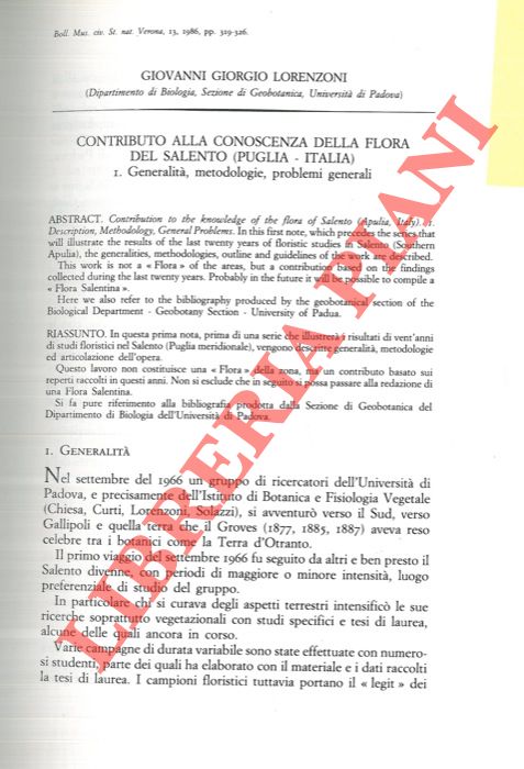 LORENZONI Giovanni Giorgio - CURTI Luigino - - Contributo alla conoscenza della flora del Salento (Puglia-Italia) . I. Generalit, metodologie, problemi generali. 2. Poaceae.