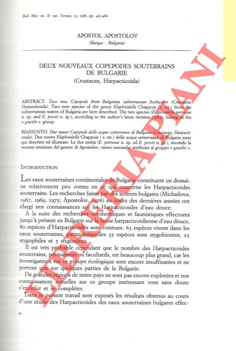 APOSTOLOV Apostol - - Deux nouveaux Copepodes souterrains de Bulgarie (Crustacea, Harpacticoida) .
