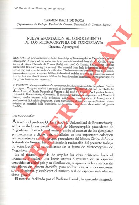 BACH DE ROCA Carmen - - Nuova aportacion al conocimiento de los Microcoryphia de Yugoeslavia (Insecta, Apterygota) .
