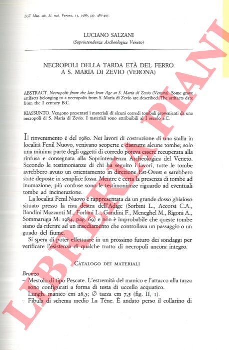 SALZANI Luciano - - Necropoli della tarda Et del Ferro a S. Maria di Zevio (Verona) .