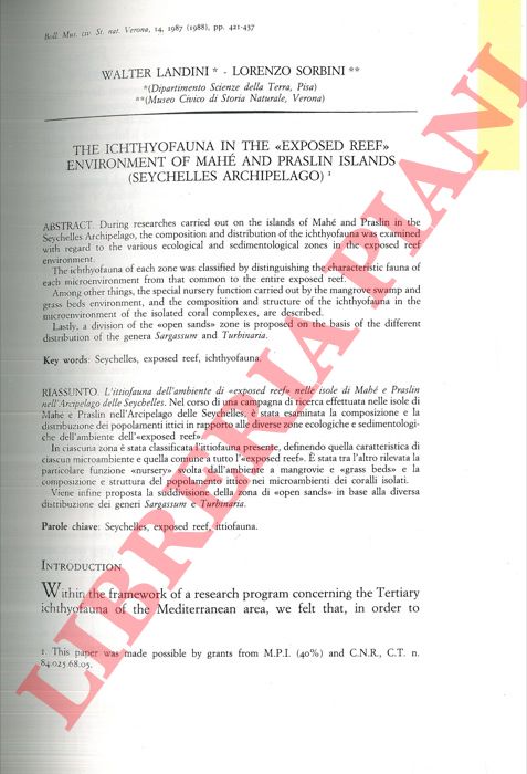 LANDINI Walter - SORBINI Lorenzo - - The Ichtyofauna in the 'Expose Reef' of Mah and Praslin Islands (Seychelles Archipelago) .