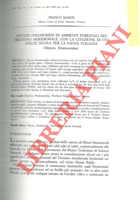 MASON Franco - - Ditteri Straziomidi di ambienti forestali del Trentino meridionale, con la citazione di una specie nuova per la fauna italiana (Dipetra: Stratiomyidae) .