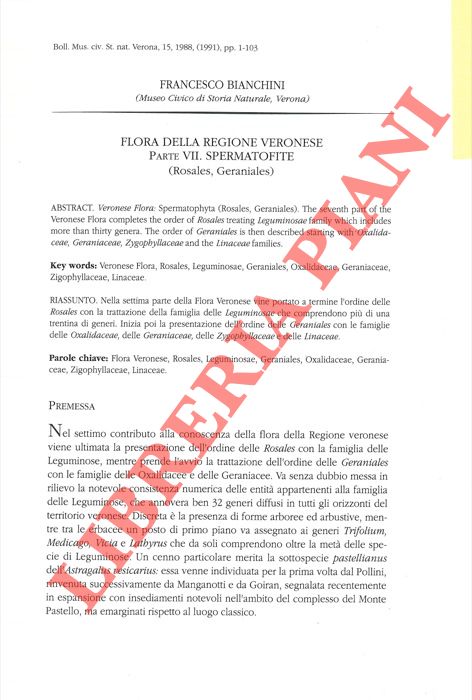 BIANCHINI Francesco - - Flora della regione veronese. Spermatofite (Rosales, Geraniales) .
