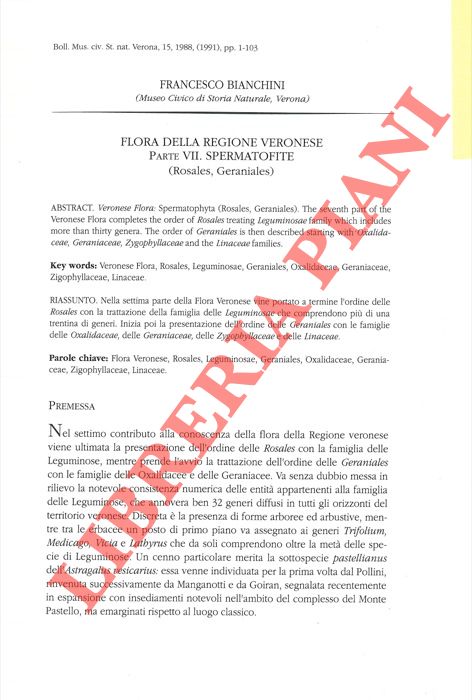 BIANCHINI Francesco - - Flora della regione veronese. Spermatofite (Rosales, Geraniales) .