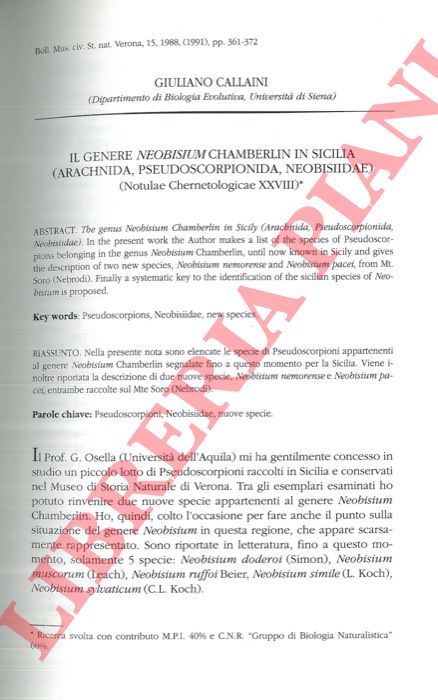CALLAINI Giuliano - - Il genere Neobisium Chamberlin in Sicilia (Arachnida, Pseudoscorpionida, Neobisiidae) .