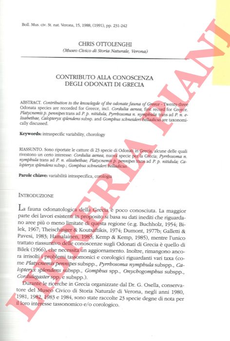 OTTOLENGHI Chris - - Contributo alla conoscenza degli Odonati di Grecia.