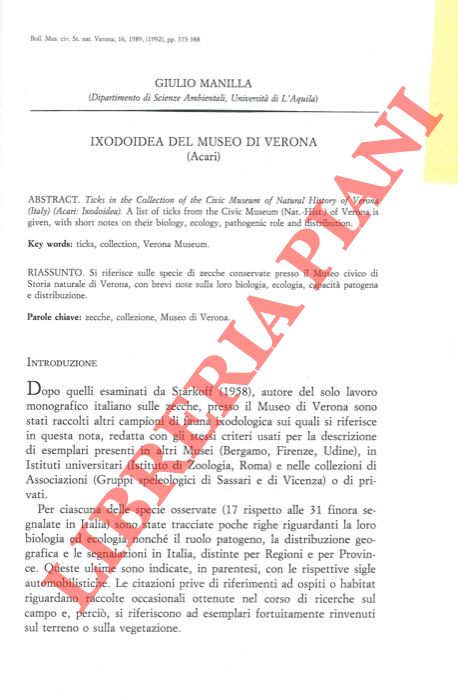 MANILLA Giulio - - Ixodoidea del Museo di Verona (Acari) .