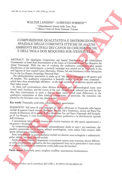 LANDINI Walter - SORBINI Lorenzo - - Composizione qualitativa e distribuzione spaziale delle comunit ittiche di alcuni ambienti recifali dei Cayos di Chichiriviche e dell'Isola Dos Moquises Sur (Venezuela) .
