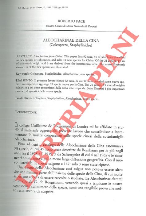 PACE Roberto - - Aleocharinae della Cina (Coleoptera, Staphylinidae) .