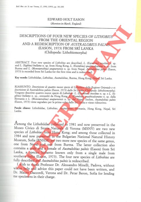 EASON Edward Holt - - Descriptions of four new species of Lithobius from the oriental region and a redescription of Australonius palnis (Eason, 1973) from Sri Lanka (Chilopoda: Lithobiomorpha) .