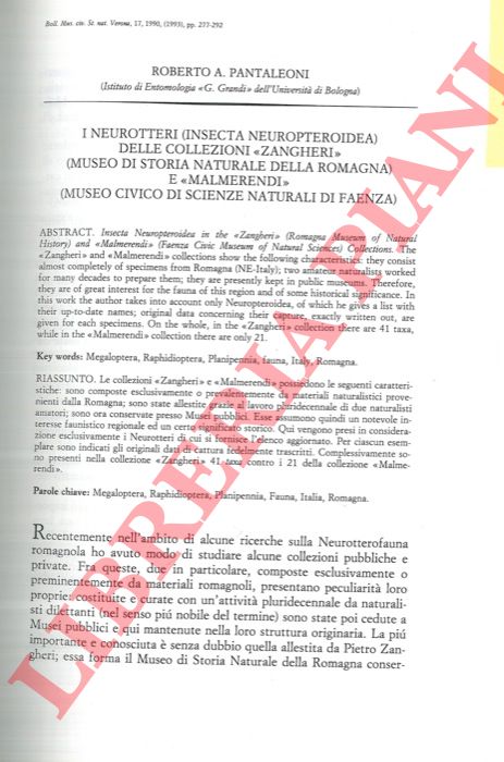 PANTALEONI Roberto A. - - I Neurotteri (Insecta Neuropteroidea) delle collezioni 'Zangheri' (Museo di Storia Naturale della Romagna) e 'Malmerendi' (Museo Civico di Scienze Naturali di Faenza) .