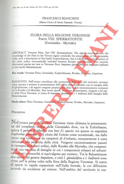 BIANCHINI Francesco - - Flora della regione veronese. Spermatofite (Geraniales, Myrtales) .